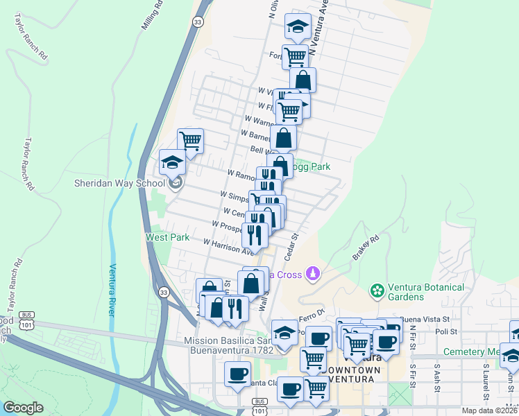 map of restaurants, bars, coffee shops, grocery stores, and more near 48 West Simpson Street in Ventura
