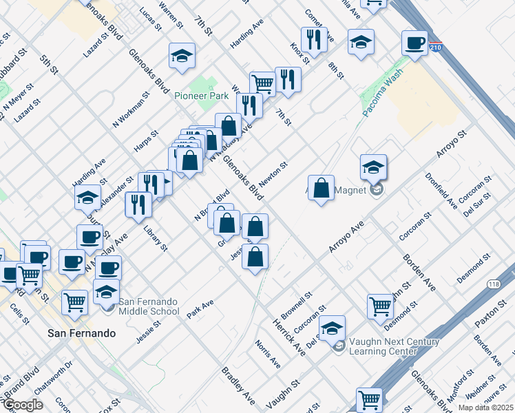 map of restaurants, bars, coffee shops, grocery stores, and more near 767 Griswold Avenue in San Fernando
