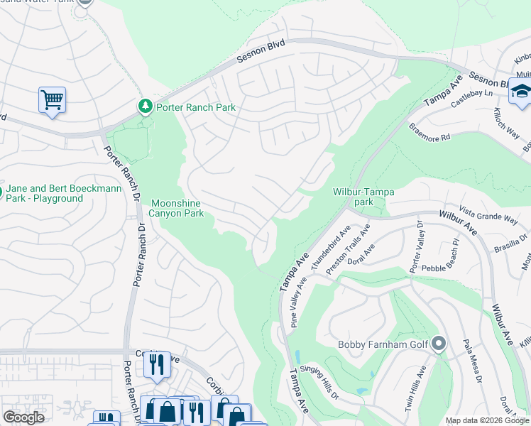 map of restaurants, bars, coffee shops, grocery stores, and more near 19709 Falcon Crest Way in Los Angeles