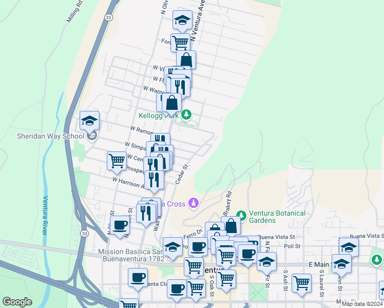 map of restaurants, bars, coffee shops, grocery stores, and more near 633 Cedar Street in Ventura