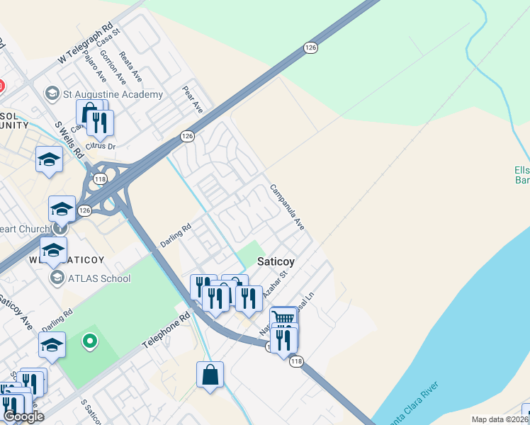 map of restaurants, bars, coffee shops, grocery stores, and more near 92 Poinsettia Gardens Drive in Ventura