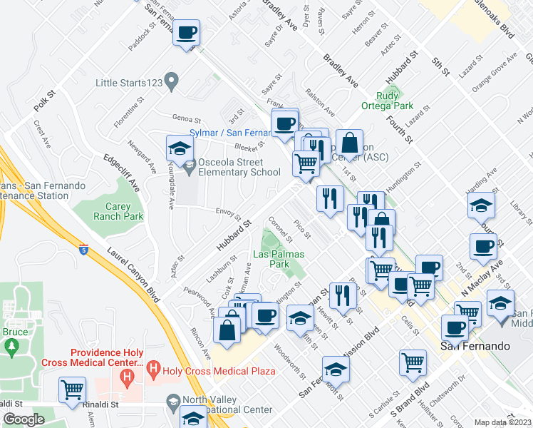 map of restaurants, bars, coffee shops, grocery stores, and more near 14700 Hubbard Street in Los Angeles