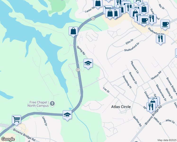map of restaurants, bars, coffee shops, grocery stores, and more near 1145 McEver Road in Gainesville