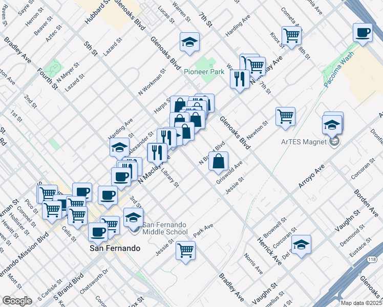 map of restaurants, bars, coffee shops, grocery stores, and more near 1003 5th Street in San Fernando