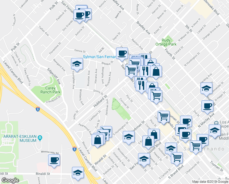 map of restaurants, bars, coffee shops, grocery stores, and more near 14715 Hubbard Street in Los Angeles