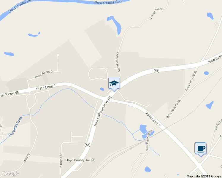 map of restaurants, bars, coffee shops, grocery stores, and more near 185-199 New Calhoun Highway Northeast in Rome