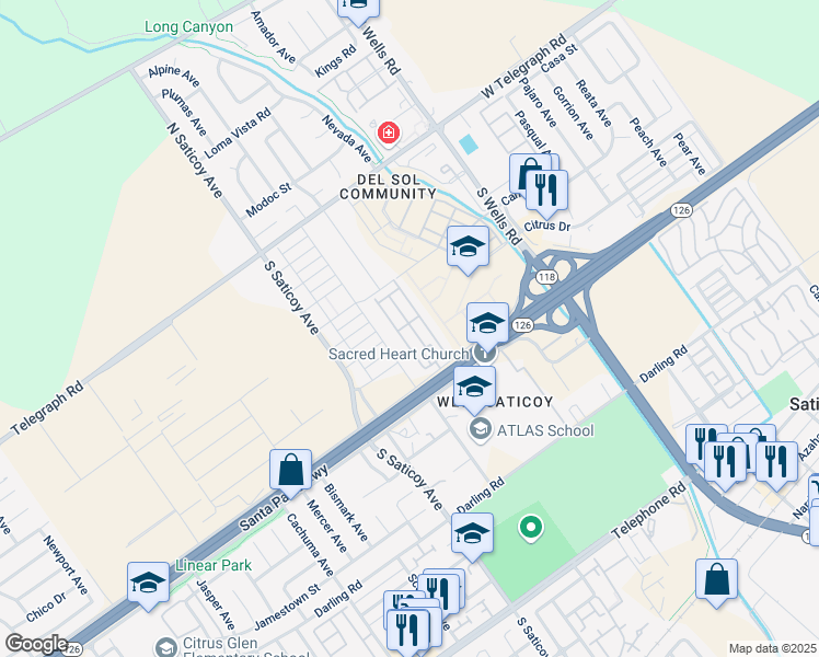 map of restaurants, bars, coffee shops, grocery stores, and more near 10685 Blackburn Road in Ventura