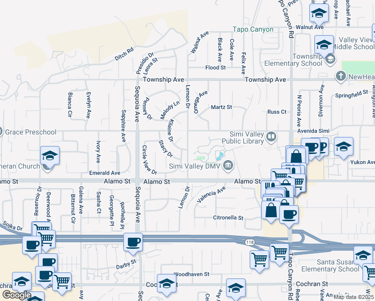 map of restaurants, bars, coffee shops, grocery stores, and more near 2948 Lemon Drive in Simi Valley