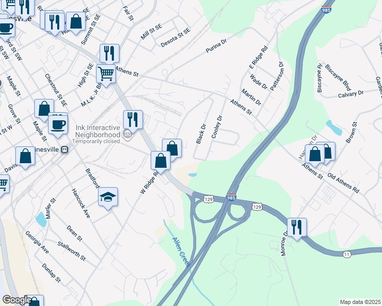 map of restaurants, bars, coffee shops, grocery stores, and more near 921 Black Drive in Gainesville