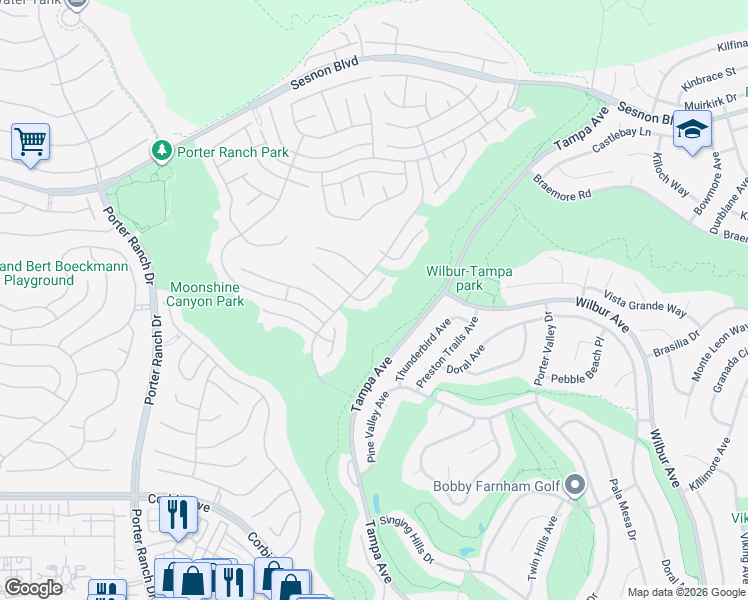 map of restaurants, bars, coffee shops, grocery stores, and more near 19630 Pine Valley Way in Los Angeles