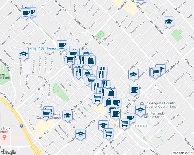 map of restaurants, bars, coffee shops, grocery stores, and more near 1706 1st Street in San Fernando