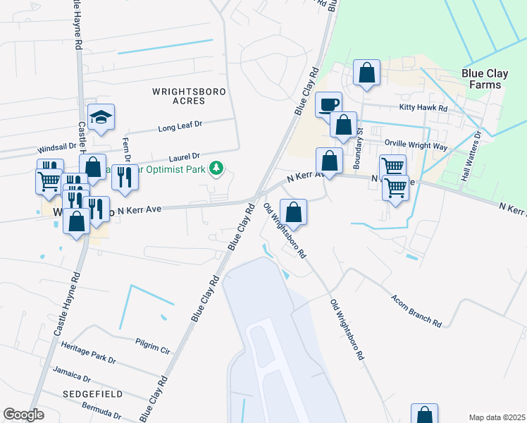 map of restaurants, bars, coffee shops, grocery stores, and more near 2725 Old Wrightsboro Road in Wilmington