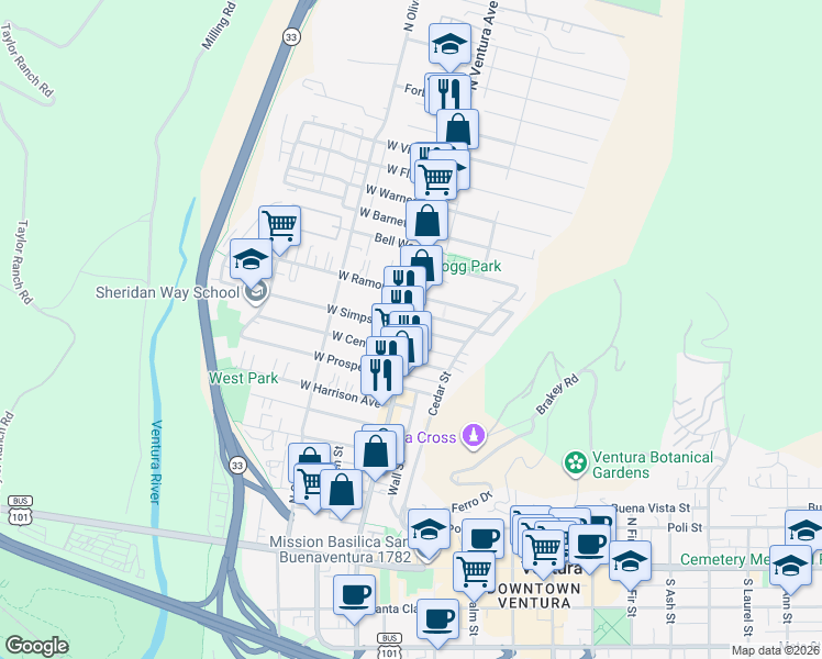 map of restaurants, bars, coffee shops, grocery stores, and more near 1 West Simpson Street in Ventura
