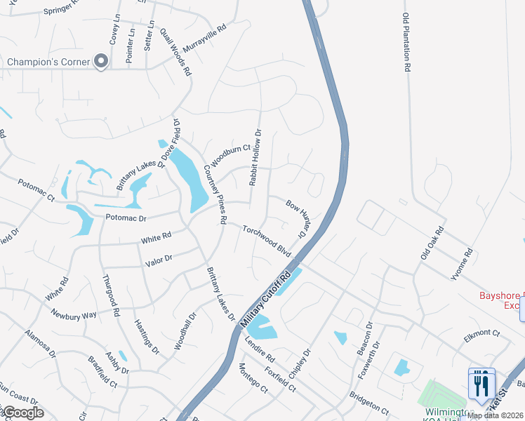 map of restaurants, bars, coffee shops, grocery stores, and more near 7336 Walking Horse Court in Wilmington