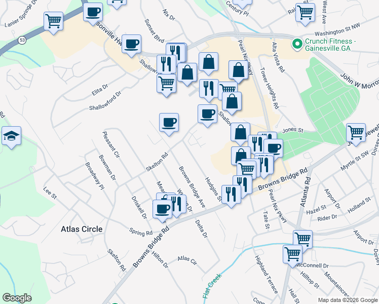 map of restaurants, bars, coffee shops, grocery stores, and more near 1441 Hudgins Street in Gainesville
