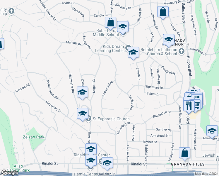 map of restaurants, bars, coffee shops, grocery stores, and more near 11956 Andasol Avenue in Los Angeles