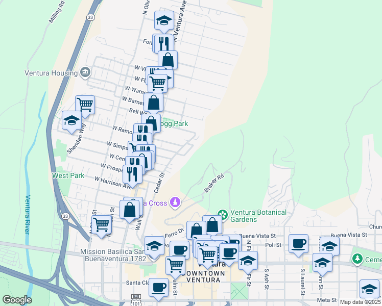 map of restaurants, bars, coffee shops, grocery stores, and more near 670 Cedar Place in Ventura