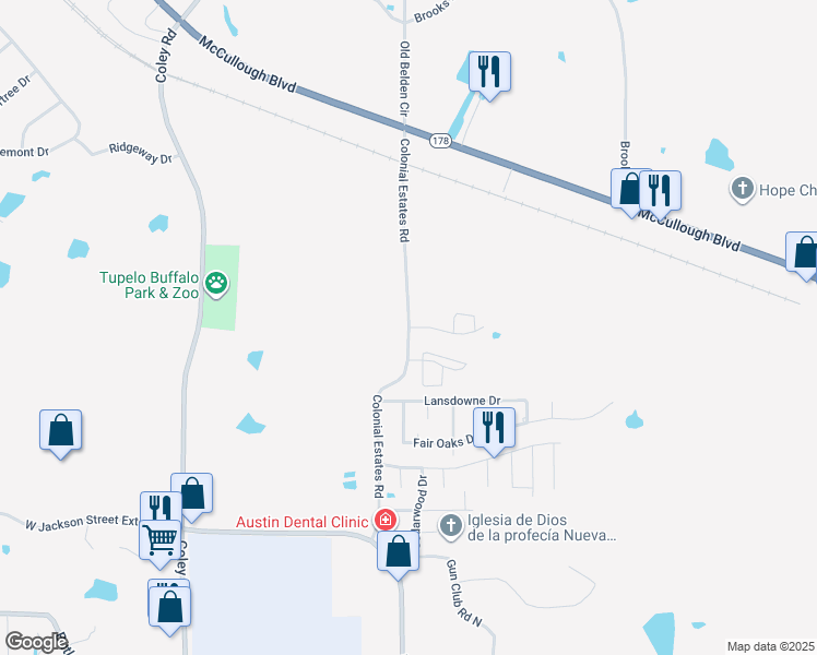 map of restaurants, bars, coffee shops, grocery stores, and more near Colonial Estates Road in Tupelo