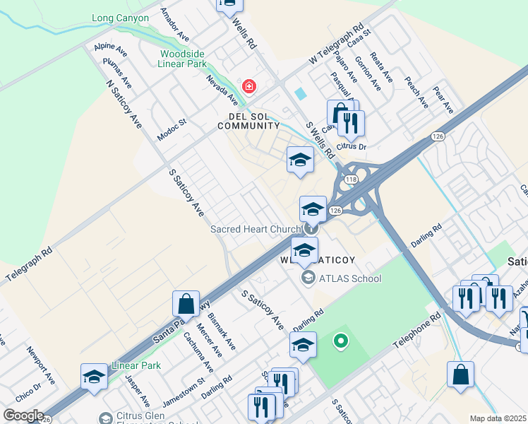 map of restaurants, bars, coffee shops, grocery stores, and more near 10685 Blackburn Road in Ventura