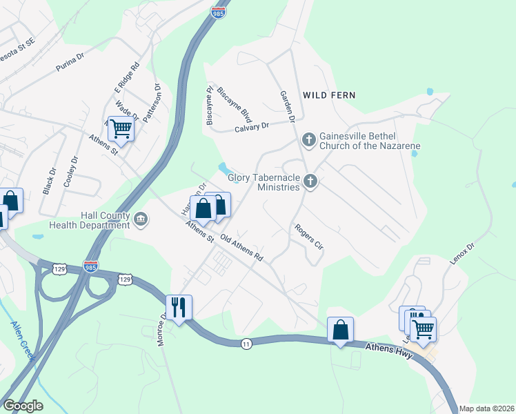 map of restaurants, bars, coffee shops, grocery stores, and more near 1429 Floyd Circle in Gainesville