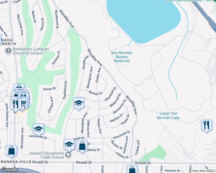 map of restaurants, bars, coffee shops, grocery stores, and more near 16356 Buchet Drive in Los Angeles