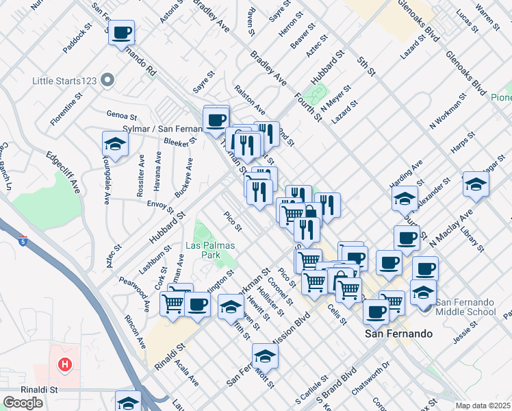 map of restaurants, bars, coffee shops, grocery stores, and more near 1547 San Fernando Road in San Fernando