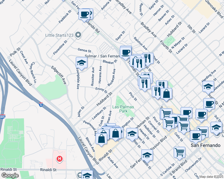 map of restaurants, bars, coffee shops, grocery stores, and more near 14721 Hubbard Street in Los Angeles
