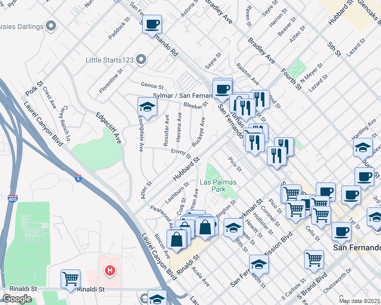 map of restaurants, bars, coffee shops, grocery stores, and more near 12030 Buckeye Avenue in Los Angeles