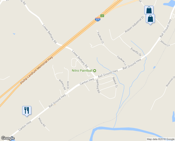 map of restaurants, bars, coffee shops, grocery stores, and more near 237 Bethany Manor Court in Ball Ground