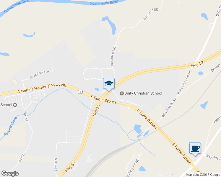 map of restaurants, bars, coffee shops, grocery stores, and more near 199 New Calhoun Highway Northeast in Rome