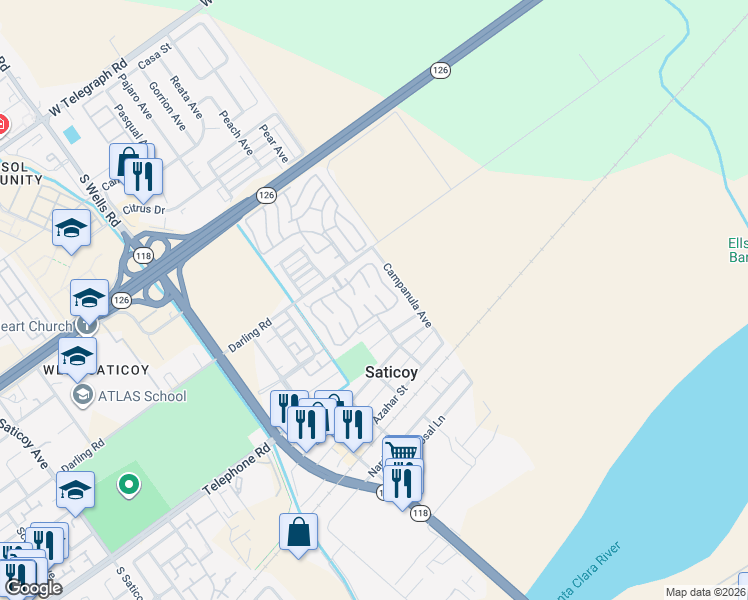 map of restaurants, bars, coffee shops, grocery stores, and more near 86 Poinsettia Gardens Drive in Ventura