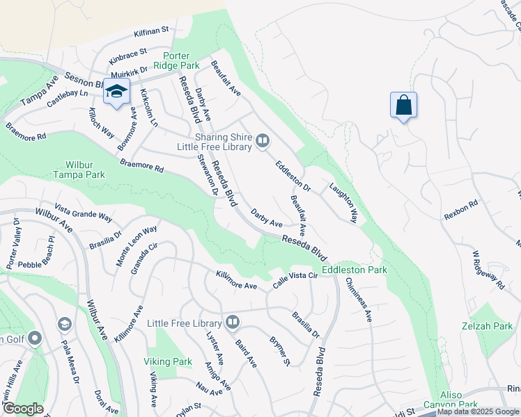 map of restaurants, bars, coffee shops, grocery stores, and more near 11882 Darby Avenue in Los Angeles