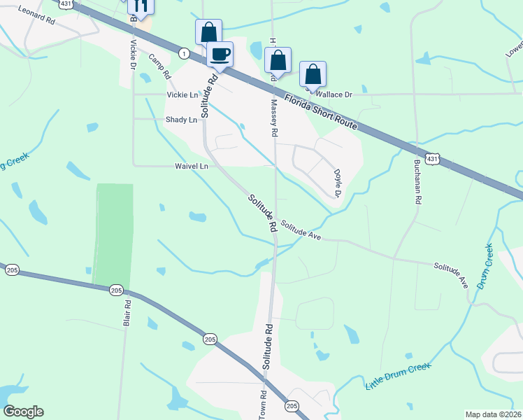 map of restaurants, bars, coffee shops, grocery stores, and more near 2615 Solitude Road in Albertville