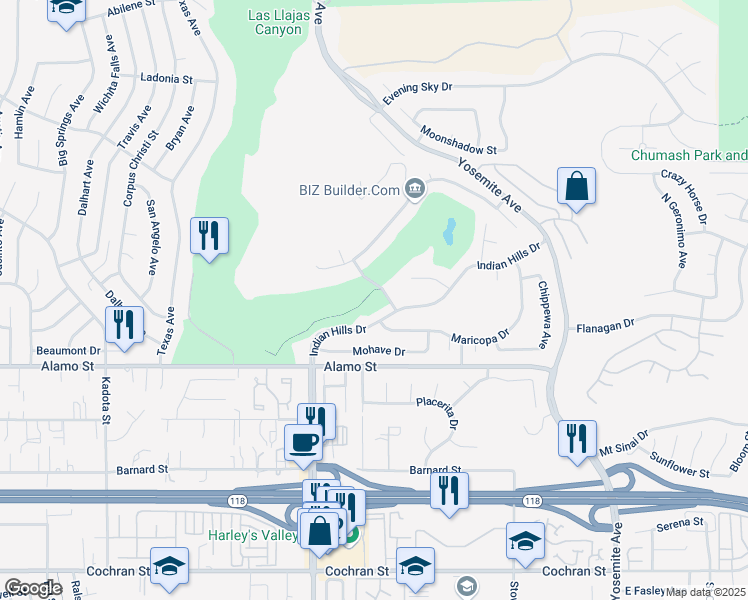 map of restaurants, bars, coffee shops, grocery stores, and more near 5329 Indian Hills Drive in Simi Valley