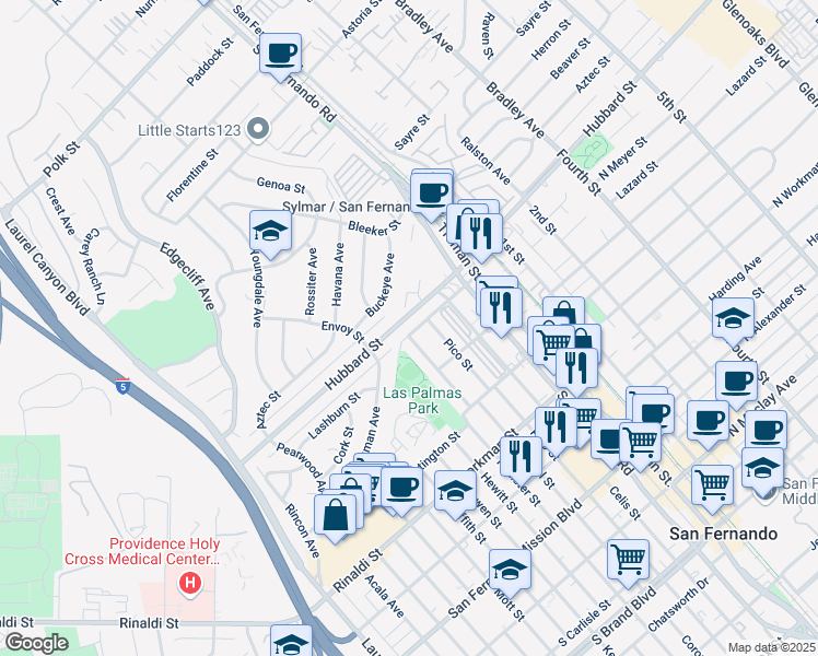 map of restaurants, bars, coffee shops, grocery stores, and more near 14715 Hubbard Street in Los Angeles
