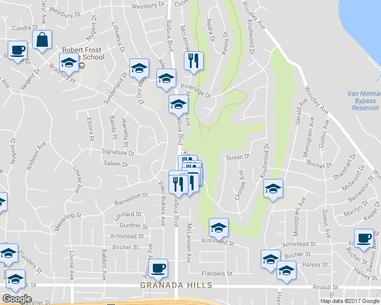 map of restaurants, bars, coffee shops, grocery stores, and more near 16967 Knollwood Drive in Los Angeles