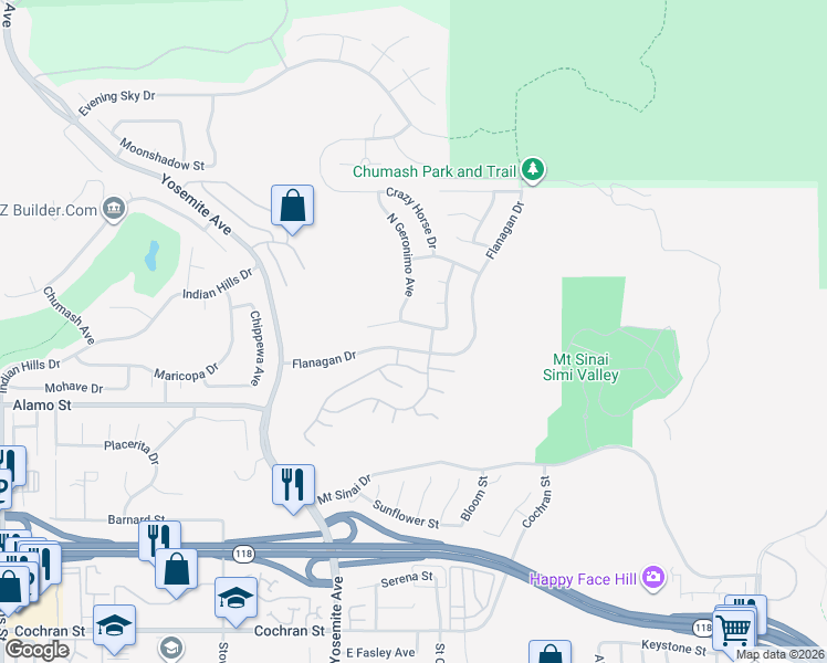 map of restaurants, bars, coffee shops, grocery stores, and more near 5952 Sitting Bull Place in Simi Valley