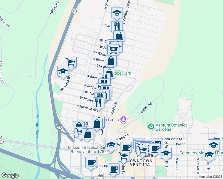 map of restaurants, bars, coffee shops, grocery stores, and more near 45 East Simpson Street in Ventura