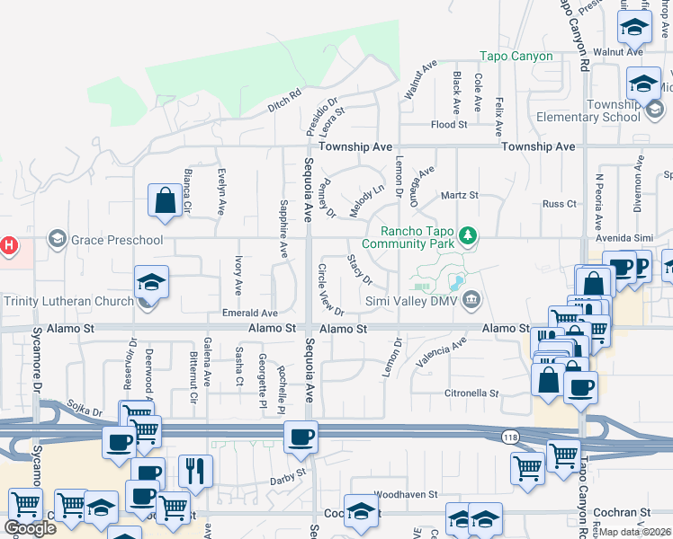 map of restaurants, bars, coffee shops, grocery stores, and more near 2889 Tiffany Lane in Simi Valley
