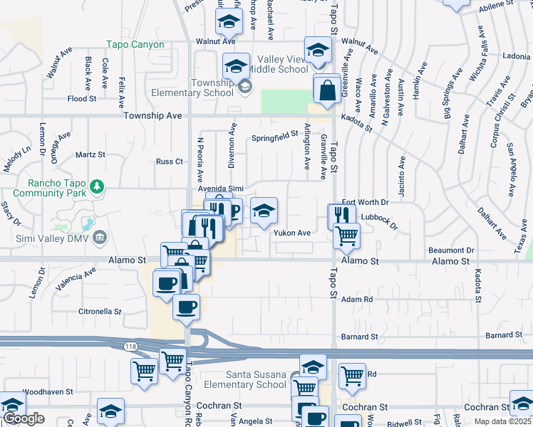 map of restaurants, bars, coffee shops, grocery stores, and more near 2947 Fairbanks Avenue in Simi Valley