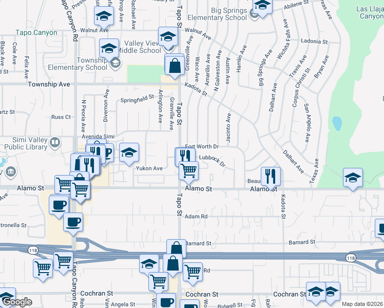 map of restaurants, bars, coffee shops, grocery stores, and more near 2917 Waco Avenue in Simi Valley