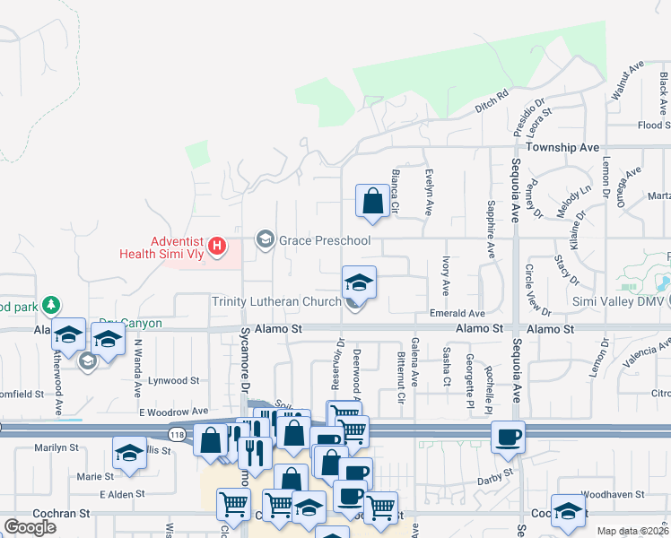 map of restaurants, bars, coffee shops, grocery stores, and more near 2951 Reservoir Drive in Simi Valley