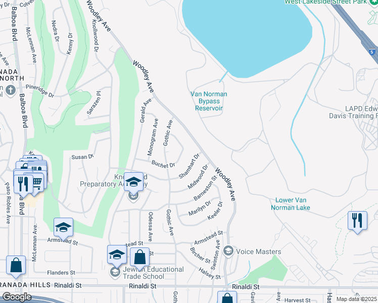 map of restaurants, bars, coffee shops, grocery stores, and more near 16350 Buchet Drive in Los Angeles