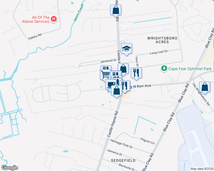 map of restaurants, bars, coffee shops, grocery stores, and more near 2601 Castle Hayne Road in Wilmington