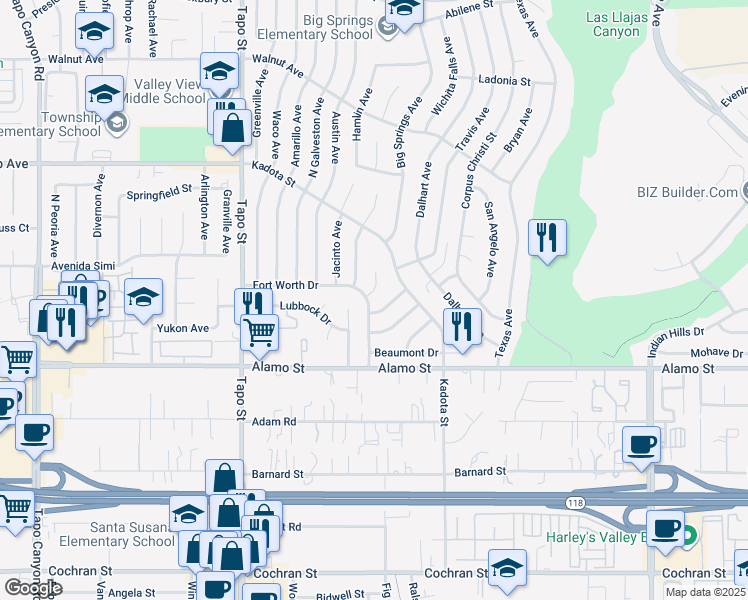 map of restaurants, bars, coffee shops, grocery stores, and more near 3008 Cisco Court in Simi Valley