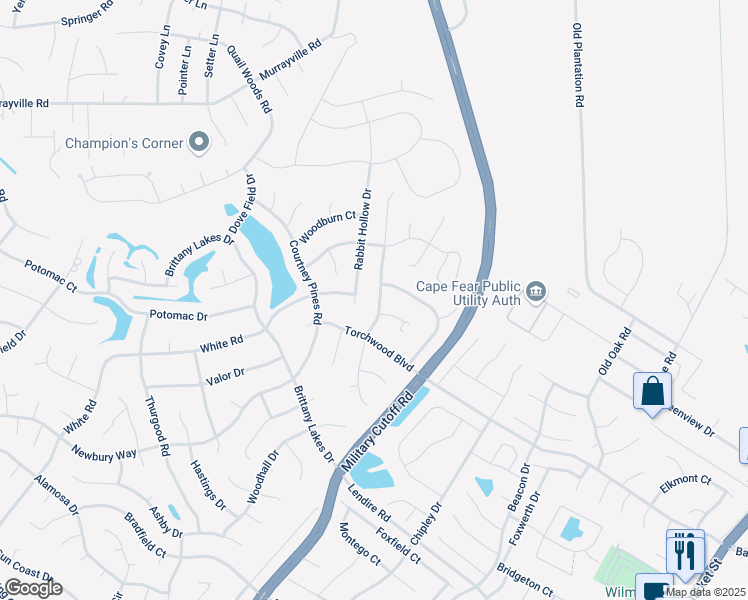 map of restaurants, bars, coffee shops, grocery stores, and more near 7332 Walking Horse Court in Wilmington