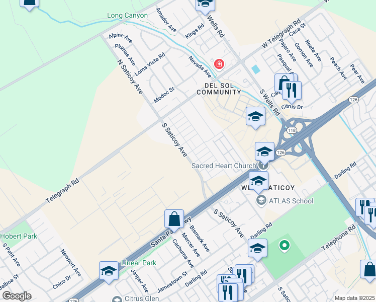 map of restaurants, bars, coffee shops, grocery stores, and more near 290 South Saticoy Avenue in Ventura
