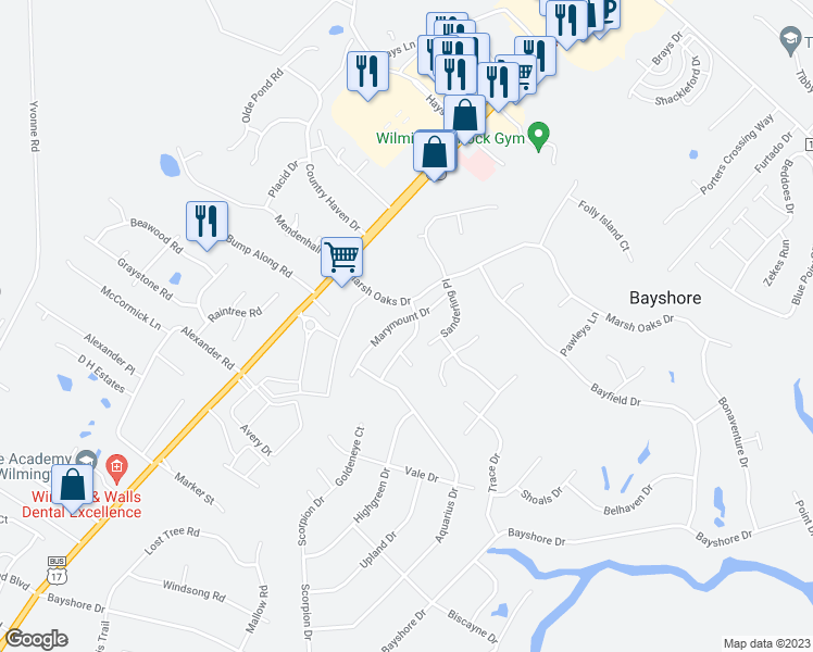 map of restaurants, bars, coffee shops, grocery stores, and more near 7762 Marymount Drive in Wilmington