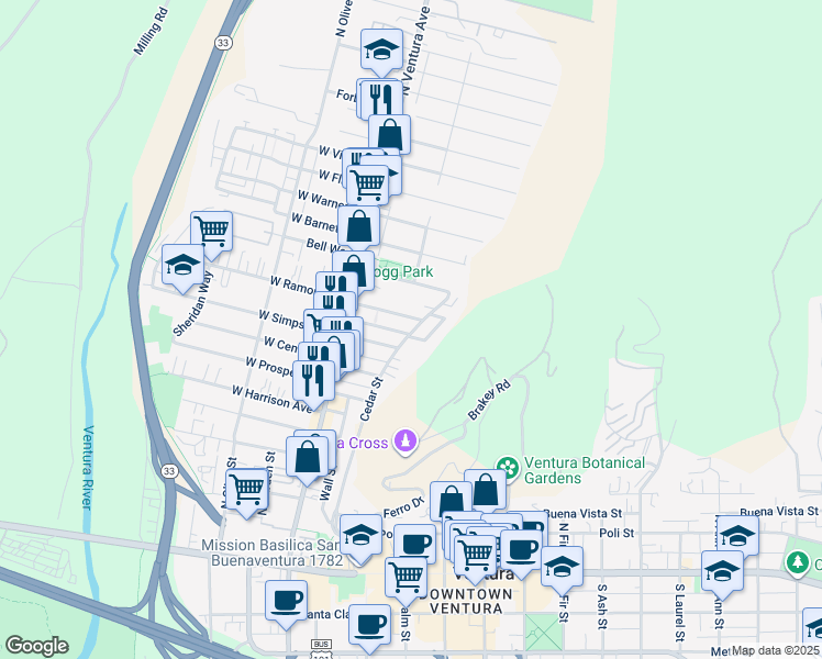 map of restaurants, bars, coffee shops, grocery stores, and more near 633 Cedar Street in Ventura