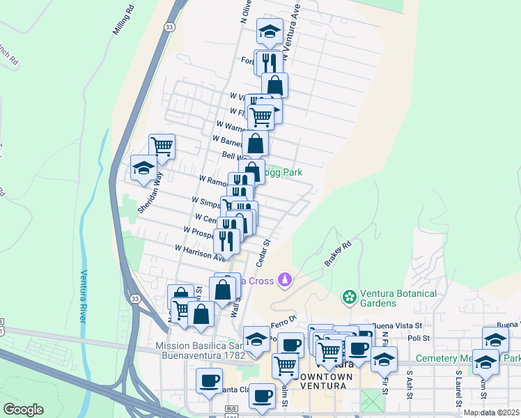 map of restaurants, bars, coffee shops, grocery stores, and more near 45 East Simpson Street in Ventura